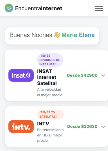 Pantalla de la app: opciones de internet en tu zona